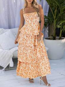 Women's Spaghetti Strap Sleeveless Ruffle Tiered Floral Maxi Dress For A Summer Romance - 橘色 - 查看 2