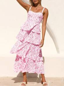 Women's Spaghetti Strap Sleeveless Ruffle Tiered Floral Maxi Dress For A Summer Romance - 粉色 - 查看 2