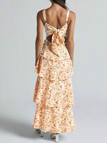 Women's Spaghetti Strap Sleeveless Ruffle Tiered Floral Maxi Dress For A Summer Romance - 橘色 - 查看 4