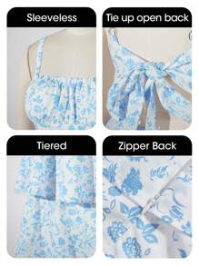 Women's Spaghetti Strap Sleeveless Ruffle Tiered Floral Maxi Dress For A Summer Romance - 藍色 - 查看 5