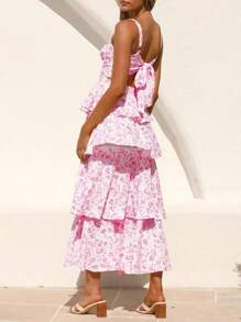 Women's Spaghetti Strap Sleeveless Ruffle Tiered Floral Maxi Dress For A Summer Romance - 粉色 - 查看 4