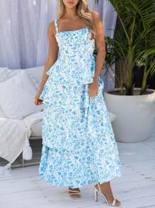 Women's Spaghetti Strap Sleeveless Ruffle Tiered Floral Maxi Dress For A Summer Romance - 藍色 - 查看 2