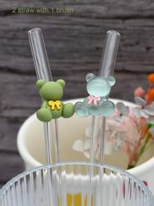 2pcs Twin Bears Glass Straws With 1pc Straw CleaningBrush, 8mm Reusable Straws, Drinking Straw Bent, Gift For Friends, Valentine's Day Gifts - Multicolor - View 15