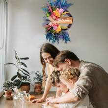 Welcome Sign Wreaths For Front Door Outside, Artificial Colorful Wreath For Spring Summer Autumn, 22'' Handmade Wreath For Farmhouse PorchMother's Day Easter