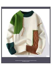 Men's Spring And Autumn New Color Contrasting Casual Round Neck Sweater Men's Fashion Versatile Base Knitted Sweater Loose Sweater