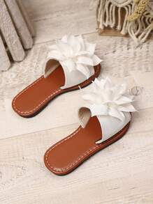 1 双大码幼儿女童平底拖鞋，带牡丹花装饰，圆头露趾防滑舒适时尚罗马风格凉鞋，适合 3-15 岁女童学生日常休闲聚会旅行度假户外穿着，春夏新品