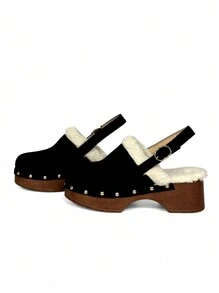 Neue Velourslederimitat Holzfersen Plateausandalen für Damen, stilvolle Sommer Sandalen für Frauen - Schwarz - Übersicht 1