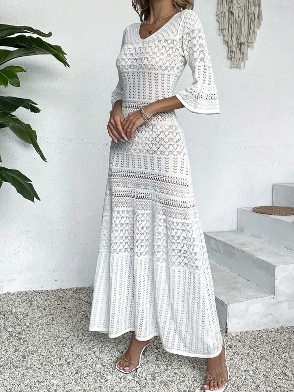 Knit Mix Vestido de punto con cuello en V Casual y manga larga para mujer, estilo de vacaciones de playa de verano blanco, diseño de ajuste ceñido de estilo vintage de dinero antiguo modesto, estampado aleatorio de vuelta al colegio, ropa de mujer de otoño
