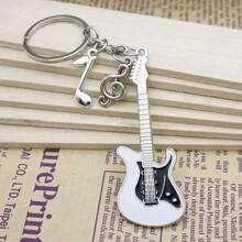 全新白色音符吉他迷你吊坠钥匙扣，创意金属电吉他钥匙圈，独特的个人礼物