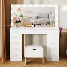 VOWNER 46" Large Vanity Table With Lighted Mirror & Power Outlet, Makeup Vanity Desk With Glass Top, 14-Bulbs Large Mirror, 3-Color Modes & Brightness Adjustable, 11 Drawers For Storage, Come With Soft Stool, Vanity Set Gifts For Girls Women - 白色-板式檯面 - 查看 1