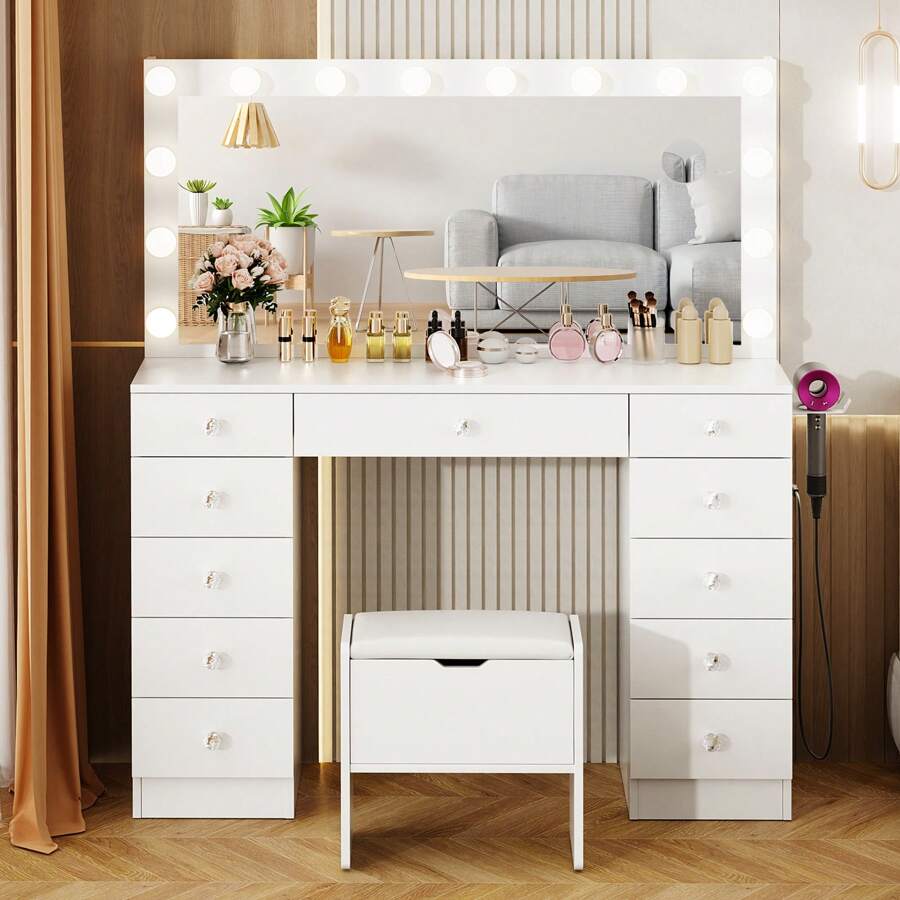 VOWNER 46" Large Vanity Table With Lighted Mirror & Power Outlet, Makeup Vanity Desk With Glass Top, 14-Bulbs Large Mirror, 3-Color Modes & Brightness Adjustable, 11 Drawers For Storage, Come With Soft Stool, Vanity Set Gifts For Girls Women - 白色-板式檯面 - 查看 1