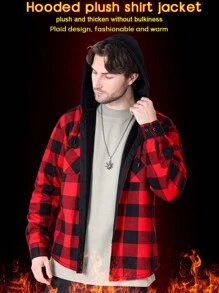 Camisa con capucha de franela engrosada para hombre, abrigo con forro térmico a cuadros de manga larga para el invierno - Rojo - Ver 3