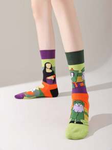 1 双女士趣味卡通天才画家和蒙娜丽莎图案中筒袜，适合日常、运动、聚会穿着 - 彩色 - 查看 1