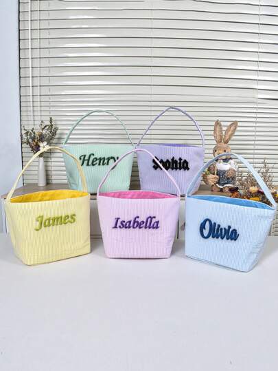 1 pieza Cesta de almacenamiento con letra bordada personalizada, ligera y de moda para la playa de verano, adecuada para la cesta del conejito de Pascua, bolsa de malla de burbujas para el truco o , bolsa de lona navideña