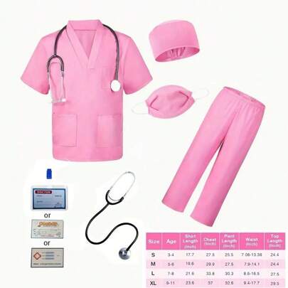 6 件套医生服装玩具套装，手术服装扮服装，适合男孩和女孩，粉色/绿色（详细信息随机）
