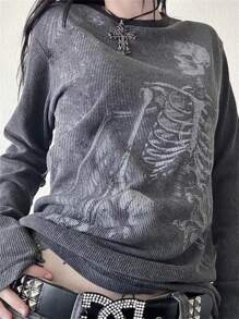 Women Y2k Fairy Grunge T-Shirt Top Goth Skull Print Long Sleeve Shirts Punk Gothic E-Girl Loose Tees Tops Vintage Aesthetic Clothes Streetwear - màu đen - Xem 1