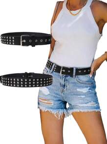 朋克铆钉 PU 皮带，铆钉街头风格腰带，Y2K 腰带，适合日常佩戴、聚会、宴会、派对 - 黑色 - 查看 1