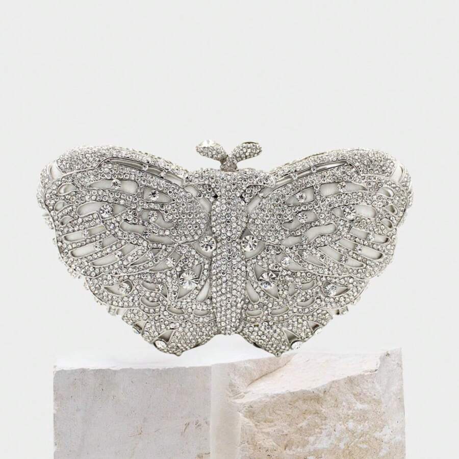 Small Butterfly Rhinestone Evening Bags Luxury Crystal Clutch Wedding Party Cocktail Handbag Purse - Silver - View 1