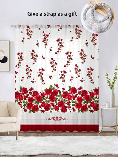 1 Stück Herzrosen Muster Luxus Gardinenschiene Vorhang, ganzjährig verwendbar, für Außen, Pavillon, Schlafzimmer, Küche, Büro, Arbeitszimmer, Wohnzimmer - halbtransparenter Voile Vorhang