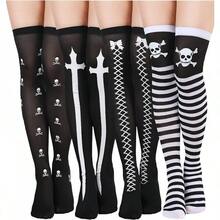 4 Pairs Skull & Stripe Print Thigh High Socks, Halloween Cosplay Festival Over-The-Knee Socks, Women's Socks & Tights - 黑色4雙 - 查看 5