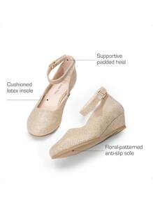 Girls Wedding Shoes | Dress Flats With Low Wedge Heel & Flower Ankle Strap For Toddler To Big Kid - Vàng - Xem 6