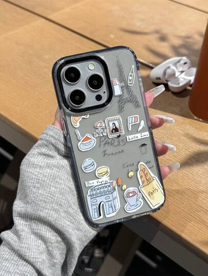 1 Pc Dual Color Translucent Black Edged Lens Frame High Temperature Color Painting Creative Travel Food Paris Eiffel Tower Shockproof Full Coverage TPU+PC Material Phone Case Compatible With IPhone