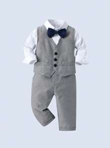BOARNSEORL 三件套男童绅士套装 - 白色衬衫配领结、灰色马甲和裤子，时尚休闲套装，适合生日派对、婚礼、庆典等场合。 - 灰色 - 查看 4