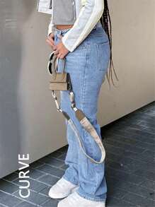 Large Size Women's Denim Jeans - Wide Leg Loose Mid Waist Boyfriend Jeans, Y2K Style Denim Pants - Light Wash - View 2