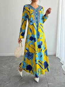 阿拉伯/中东风格印花V领长袖连衣裙，传统阿拉伯女装，适合节日派对、假日长袍等春季穿着。 - 黃色 - 查看 3