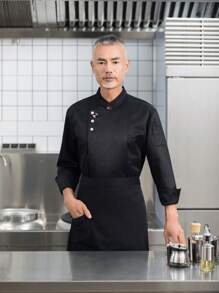 Chef Uniform Long Sleeve, Autumn/Winter, Black Color With Chinese Auspicious Cloud Pattern, , Washable, Non-Pilling Fabric, Skin-Friendly, Color-Fast, Suitable For Hotel, Restaurant, Bakery, Cafe, Kitchen, Cafeteria, Catering Back Kitchen, Design For Men - Black - View 4