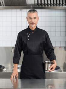 Chef Uniform Long Sleeve, Autumn/Winter, Black Color With Chinese Auspicious Cloud Pattern, , Washable, Non-Pilling Fabric, Skin-Friendly, Color-Fast, Suitable For Hotel, Restaurant, Bakery, Cafe, Kitchen, Cafeteria, Catering Back Kitchen, Design For Men - Black - View 6