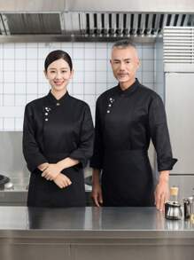Chef Uniform Long Sleeve, Autumn/Winter, Black Color With Chinese Auspicious Cloud Pattern, , Washable, Non-Pilling Fabric, Skin-Friendly, Color-Fast, Suitable For Hotel, Restaurant, Bakery, Cafe, Kitchen, Cafeteria, Catering Back Kitchen, Design For Men - Black - View 7