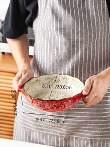 Assadeira redonda de cerâmica pintada à mão, com estampa floral vintage vermelha e alças, ideal para saladas, grelhados, assados, sobremesas e para fazer pizza e massas, para forno e micro-ondas, utensílios de cozinha