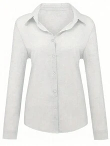 Solid Button-Up Shirt, Elegant Long Sleeve Collared Shirt - White - View 3
