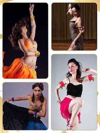 1 Pair/2 Pieces Chiffon Belly Dancing Bracelet With Coins Stretchy Belly Dance Wrist Anklet Cuff