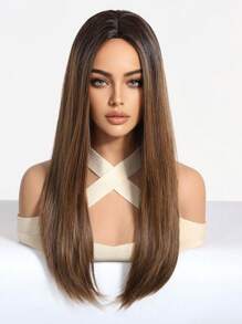 Elegant 22-Inch Mid-Section Brown Long Straight Synthetic Heat-Resistant Fiber Wig Women's Wig Perfect For Holiday Party Everyday Wear - Brown - View 3