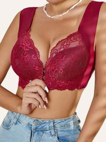 Women's Front Button Wireless Lace Seamless Bra, Comfortable Lounge Seamless Bra Provides Lift & Support Without Digging In - Burgundy - View 4