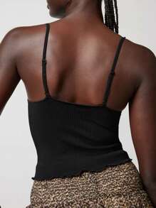 Women's Ribbed Crop Cami Tops Sleeveless Spaghetti Strap Lettuce Trim Camisole Ruched Tank Tops - Black - View 6