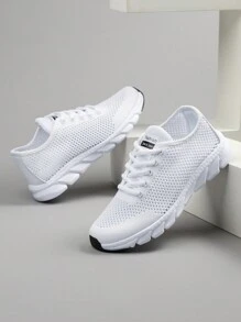 秋冬女士透气网眼休闲运动鞋，轻便柔软舒适，系带，户外跑步运动鞋 - 白色 - 查看 5