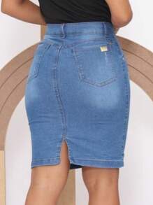 Women Denim Skirts - 淺色水洗藍 - 查看 2