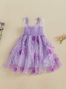 Vestido sin mangas para niñas pequeñas, de verano, con flores 3D, bonito vestido de tul con alas de mariposa para fiestas en la playa, ropa bonita. - Morado - Ver 2