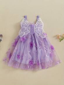 Vestido sin mangas para niñas pequeñas, de verano, con flores 3D, bonito vestido de tul con alas de mariposa para fiestas en la playa, ropa bonita. - Morado - Ver 3