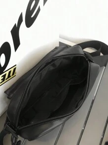 男士纯色 PU 皮革大容量翻盖拉链方形斜挎包，通勤和日常用途皆宜 - 黑色 - 查看 10