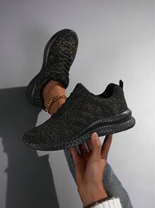 Women's Metallic Decor Fashion Sneakers, Multifunctional High-Arch Design, Lace-Up Fabric Running Shoes, High-End Women's Fitness Shoes, Casual Shoes