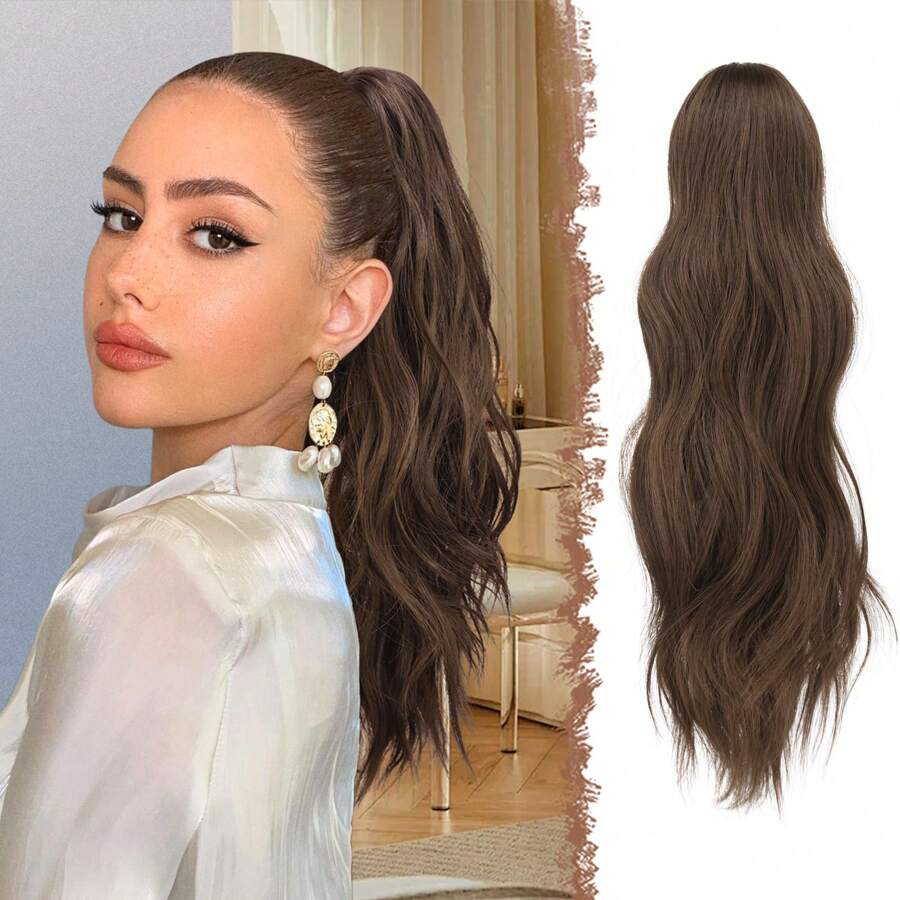 FESHFEN Ponytail Extensions, Long Claw Clip In Ponytail Hairpiece Synthetic Pony Tails Hair Piece Natural Wavy Hairpieces For Women, 20 Inch - Chestnut Brown - 查看 1