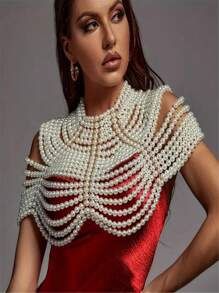 1pc Delicate & Elegant White Multi-Layer Faux Pearl Handmade Hollow Necklace & Body Chain, Adjustable Length, Suitable For Formal Wear & All Seasons
