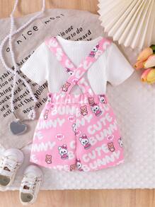 2pcs/Set Baby Girl Casual Solid Ribbed Short Sleeve T-Shirt And Cartoon Rabbit Bear Letter Print Pocket Overall Shorts Set