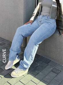 Large Size Women's Denim Jeans - Wide Leg Loose Mid Waist Boyfriend Jeans, Y2K Style Denim Pants - Light Wash - View 3