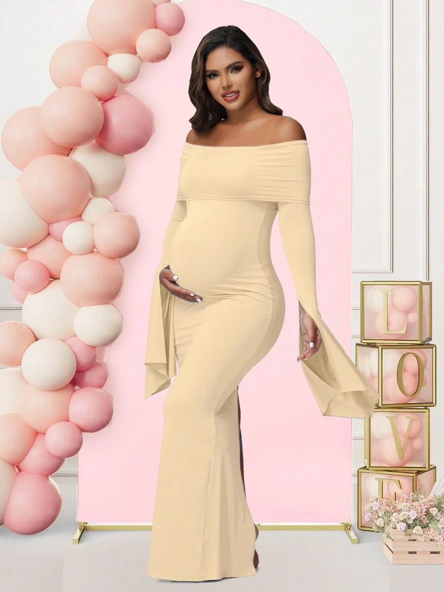 Maternity Long Sleeve Solid Color Off-Shoulder Dress For Baby Shower Photoshoot Party - 杏色 - 查看 1