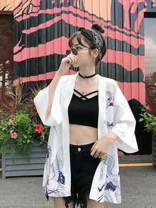 Chaqueta estilo yukata retro estampada con grullas, estilo japonés - Kimono de verano para protección solar - Blanco - Ver 2